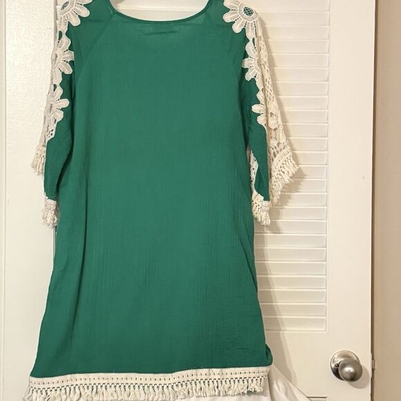 UMGEE Green Gauzy Tunic Top w Flower Crochet Sleeves Fringe Hem Cottagecore Lg - Picture 3 of 11